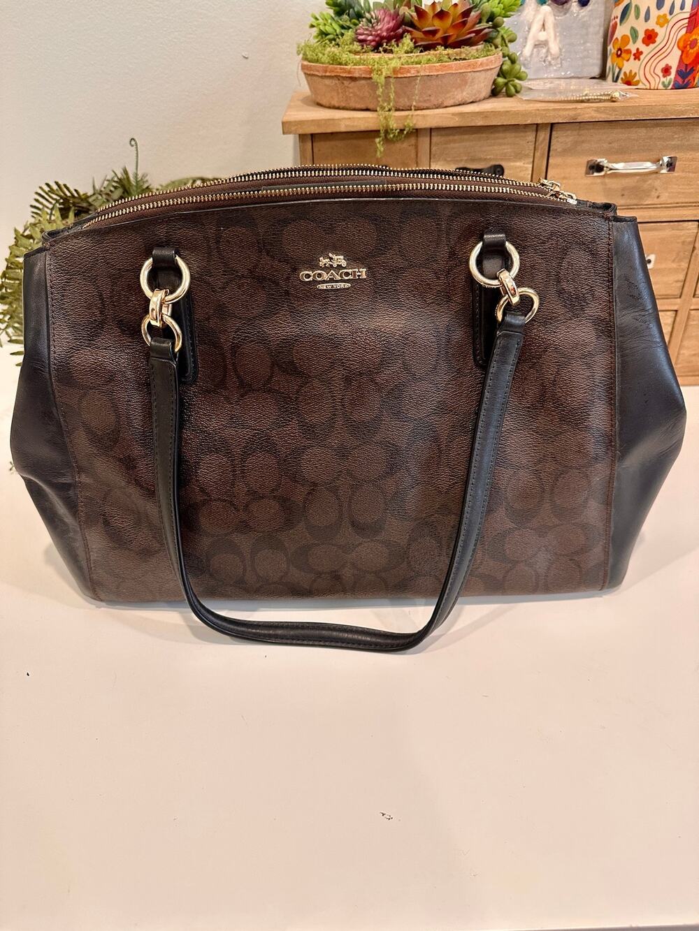 Coach Signature Brown PVC Zip Top Tote Shoulder Bag F58305